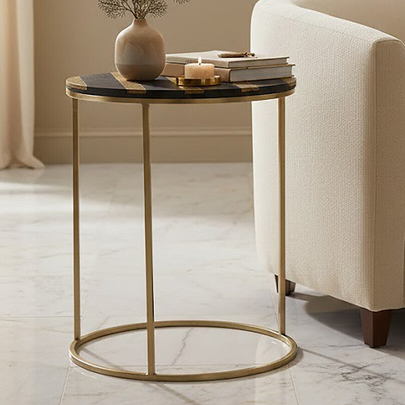 Black and Gold Striped Acacia Wood Round Coffee Table with Interconnected Metal Legs | Aris