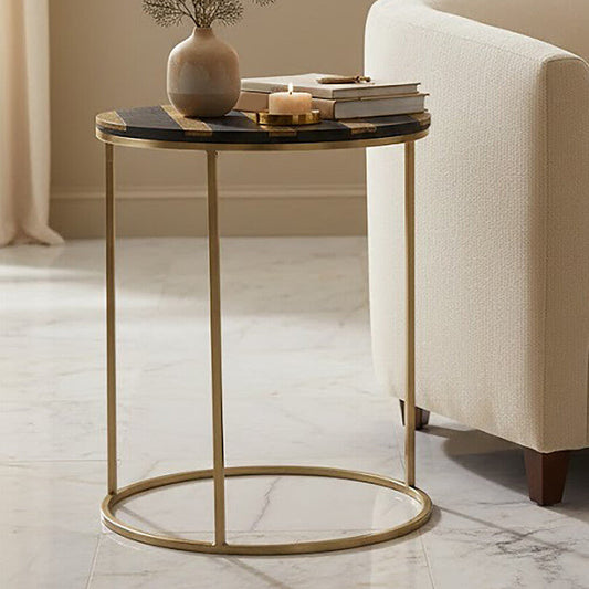 Black and Gold Striped Acacia Wood Round Coffee Table with Interconnected Metal Legs | Aris