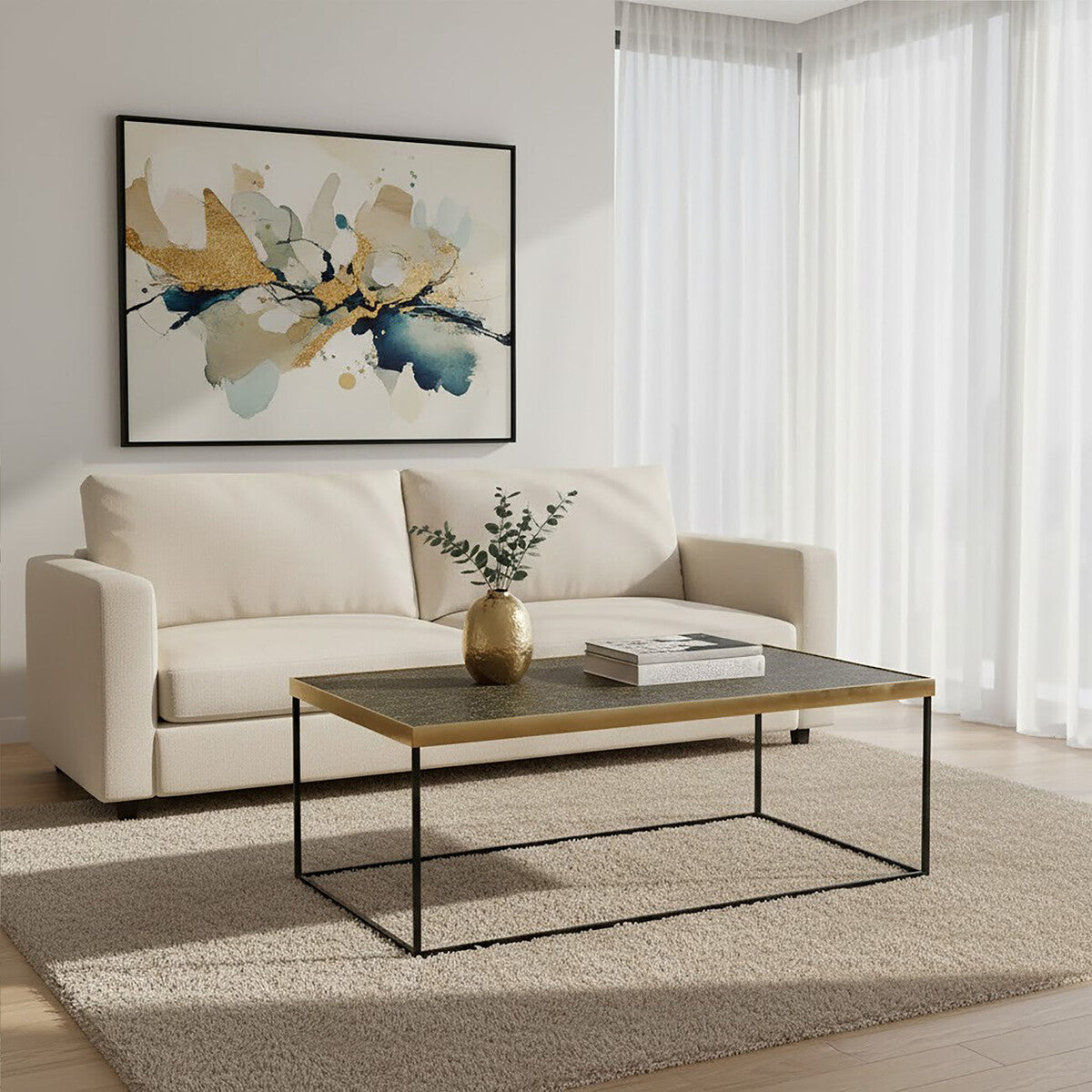 Akola Gold Metal and Glass Coffee Table with Black Legs