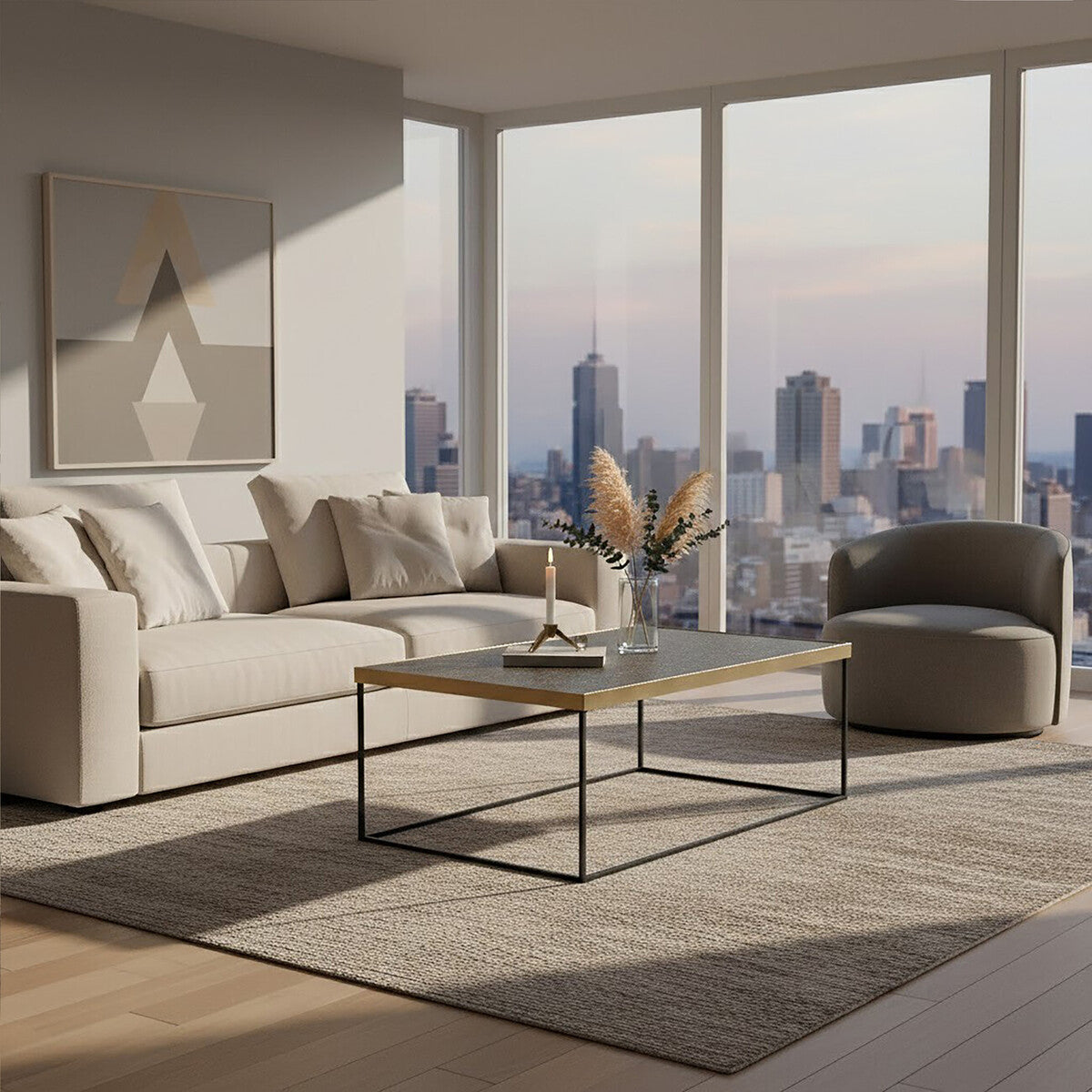 Akola Gold Metal and Glass Coffee Table with Black Legs