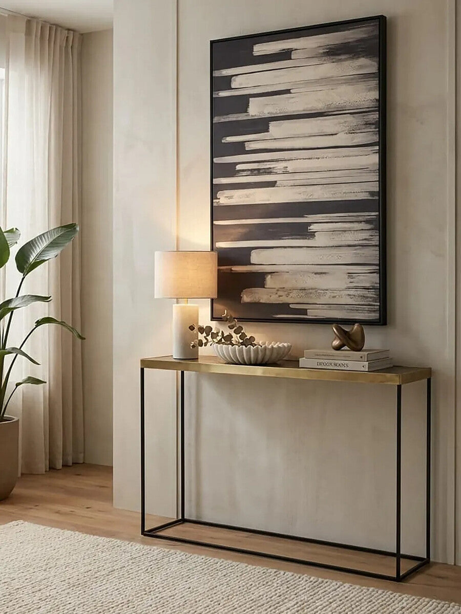 Akola Gold Metal and Glass Console Table with Black Legs