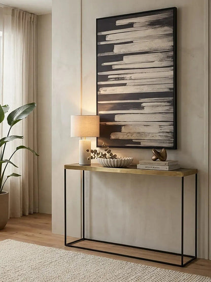 Akola Gold Metal and Glass Console Table with Black Legs