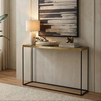 Akola Gold Metal and Glass Console Table with Black Legs