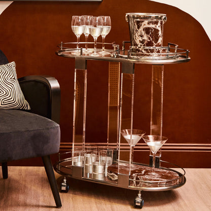 Oria Mirrored Glass Oval Drinks Trolley with Black Finish Frame