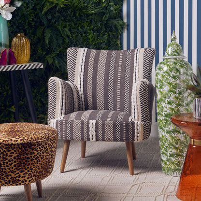 Cefena Grey and White Patterned Fabric Chair with Mango Wood Legs