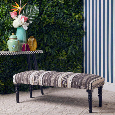 Cefena Grey and White Fabric Bench with Wood Frame