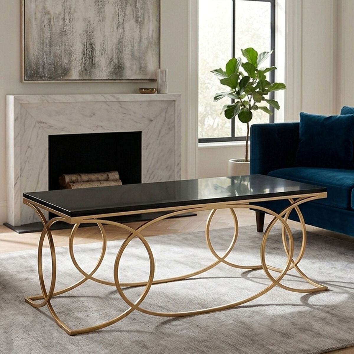 Black Marble Top Rectangular Coffee Table with Gold Finish Metal Frame | Kia