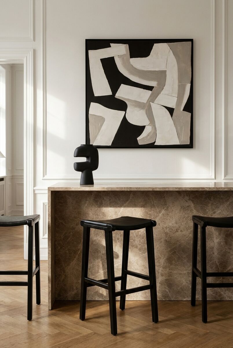 Black Leather and Teak Barstool | Kendari