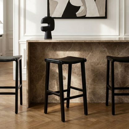 Black Leather and Teak Barstool | Kendari