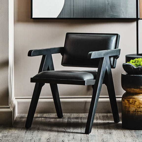 Buffalo Black Leather Chair with Angular Black Wood Frame