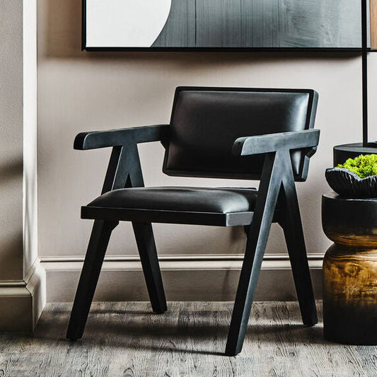 Buffalo Black Leather Chair with Angular Black Wood Frame