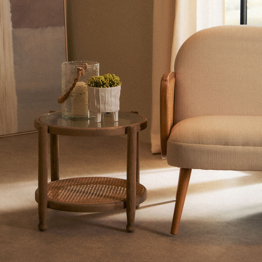 Cebu Natural Cane and Grey Wash Elm Wood Side Table