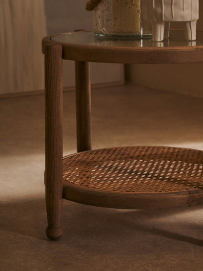 Grey Wash Elm Wood Side Table with Glass Top and Cane Shelf | Cebu