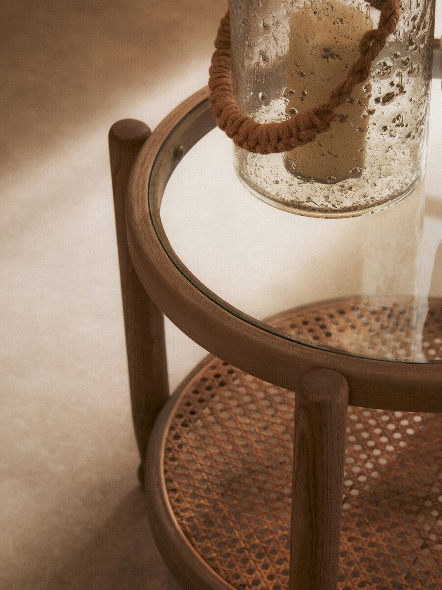 Grey Wash Elm Wood Side Table with Glass Top and Cane Shelf | Cebu