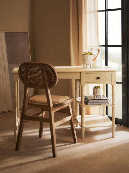 Cebu Grey Wash Wood and Rattan Dining Chair with Beige Seat