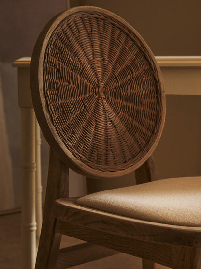 Cebu White Wash Wood and Round Rattan Dining Chair with Beige Seat