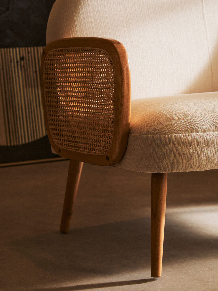 2 Seater Ivory Fabric and Cane Sofa with Elm Wood Legs | Cebu