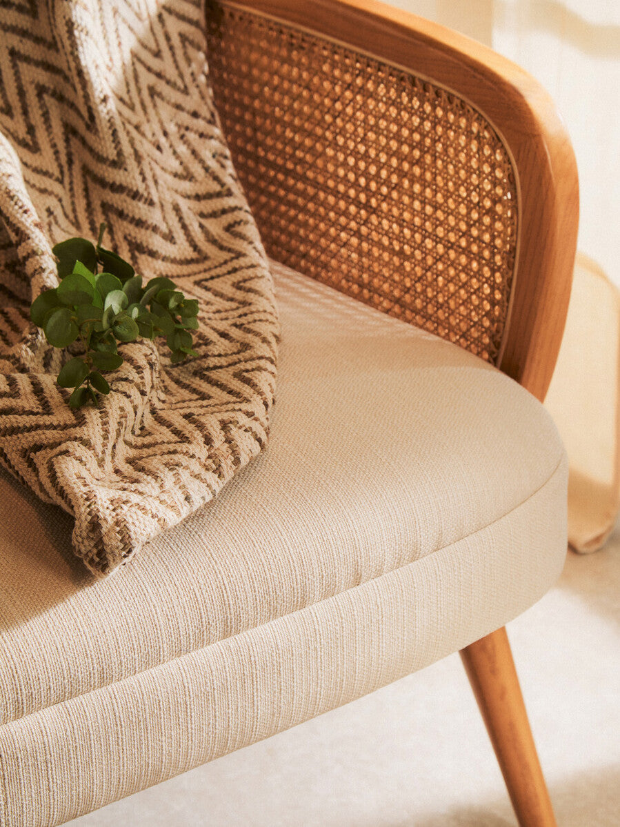 2 Seater Ivory Fabric and Cane Sofa with Elm Wood Legs | Cebu