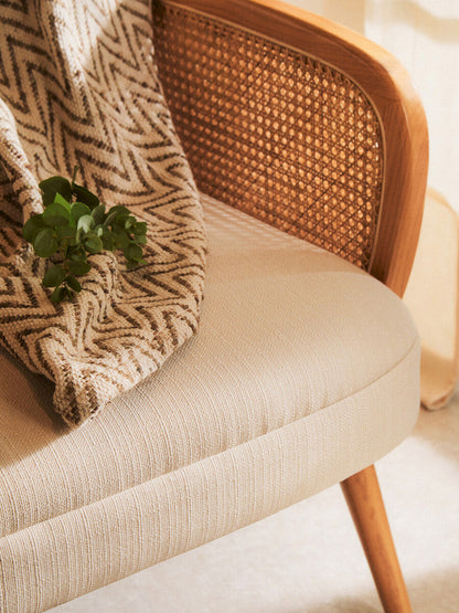 2 Seater Ivory Fabric and Cane Sofa with Elm Wood Legs | Cebu
