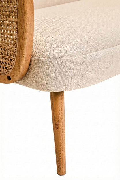 Cebu Ivory Fabric and Cane 2 Seat Sofa with Elm Wood Legs