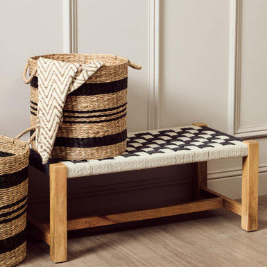 Satna Black and White Jute Bench with Wood Frame