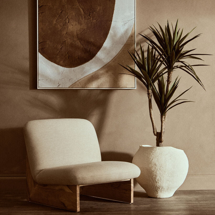 Parova Cream Linen Textured Armless Chair With Wood Base