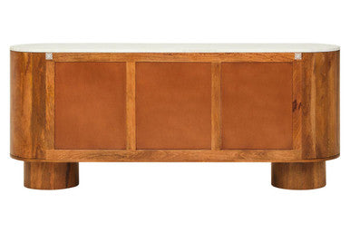 Torcino Mango Wood Carved Design Marble Top Three Door Sideboard