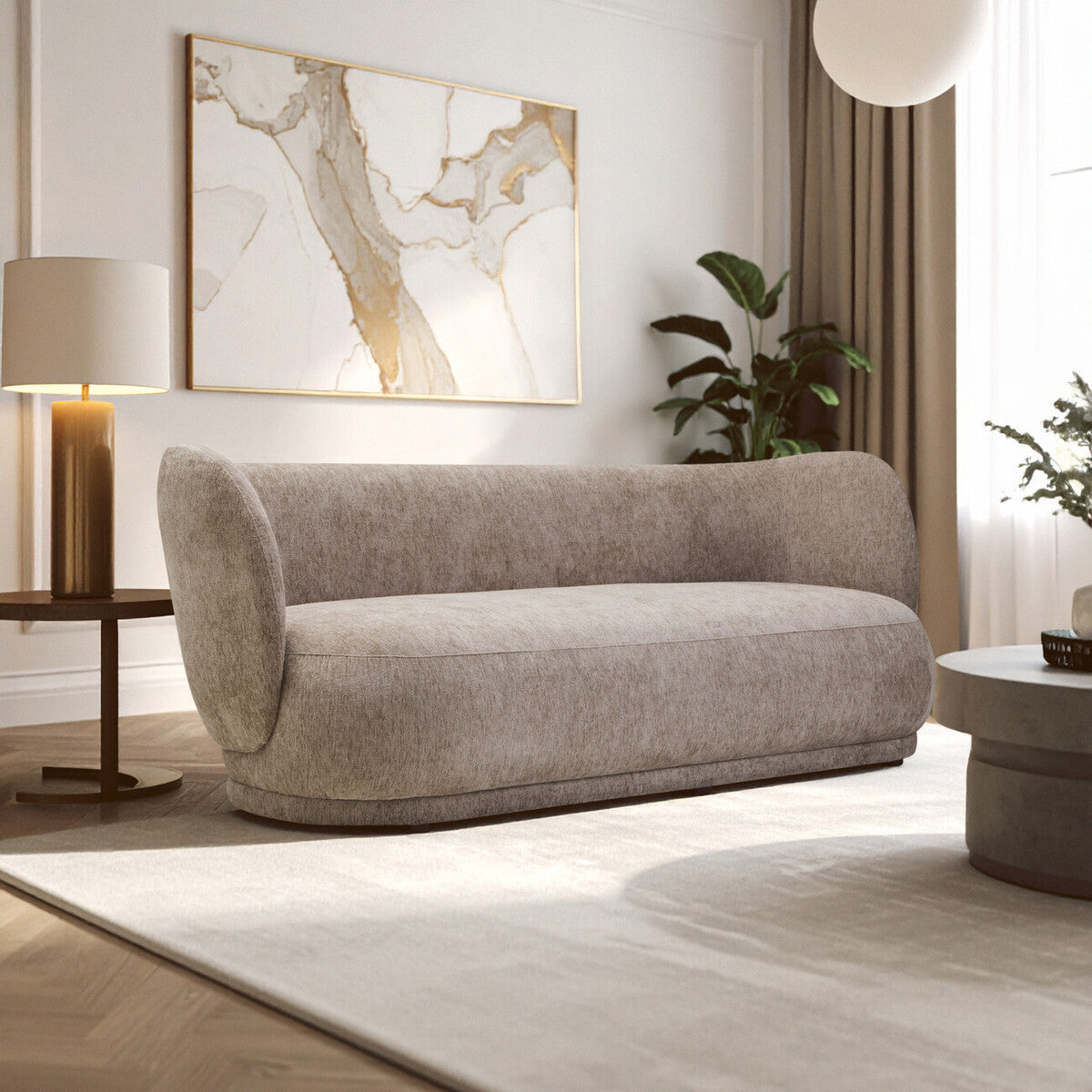 Delray Deep Stone Chenille Effect Curved 3 Seater Sofa