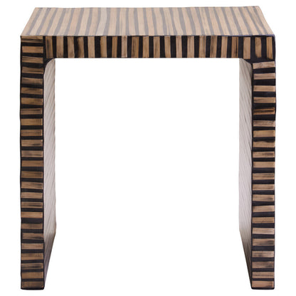Natural Bamboo Inlay Square Side Table with Linear Pattern and Open Base, Bambusa