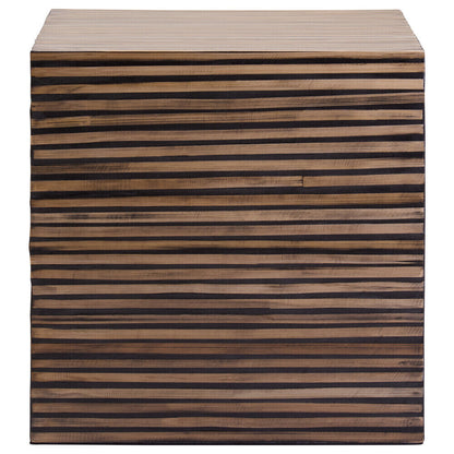 Natural Bamboo Inlay Square Side Table with Linear Pattern and Open Base, Bambusa