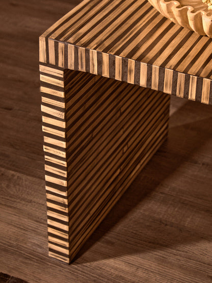Natural Bamboo Inlay Square Side Table with Linear Pattern and Open Base, Bambusa