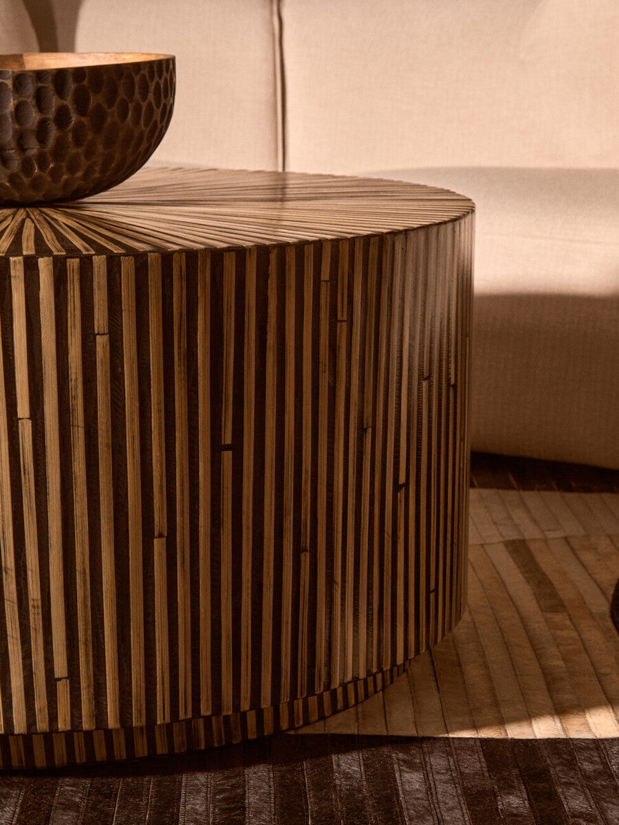 Natural Round Bamboo Inlay Coffee Table with Textured Sunburst Top | Bambusa