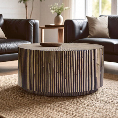 Natural Round Bamboo Inlay Coffee Table with Textured Sunburst Top | Bambusa