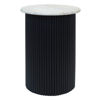 Walton Travertine Top Side Table with Black Acacia Wood Base