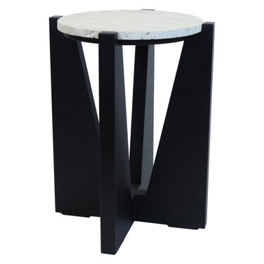 Winton Travertine Top Side Table With Black Acacia Wood Frame