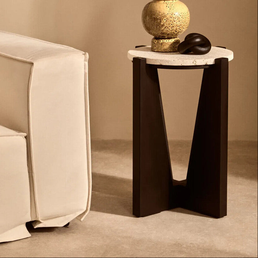 Winton Travertine Top Side Table With Black Acacia Wood Frame