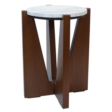 Winton Travertine Top Side Table With Acacia Wood Frame