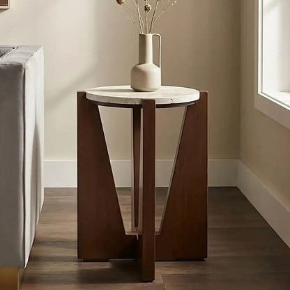 Winton Cream Travertine and Brown Finish Acacia Wood Side Table