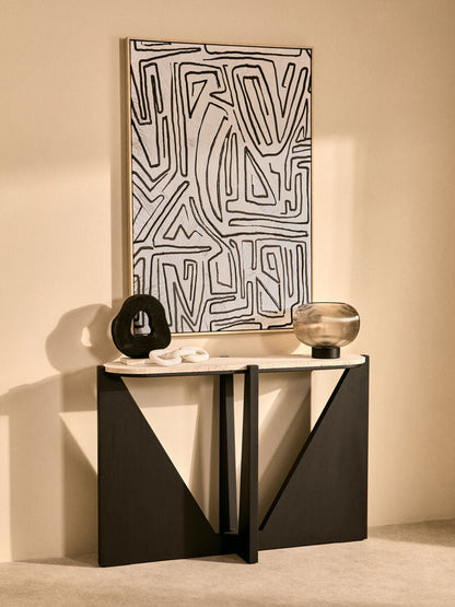 Cream Travertine Top Console Table with Black Acacia Wood Frame | Winton
