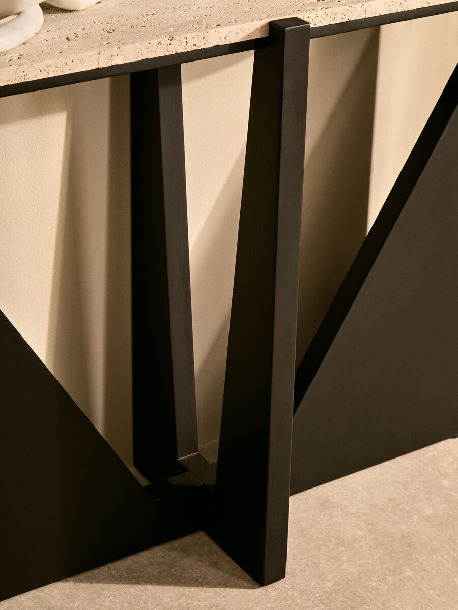 Cream Travertine Top Console Table with Black Acacia Wood Frame | Winton