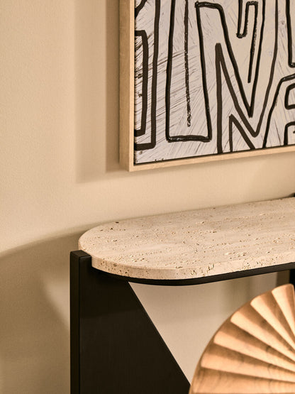 Cream Travertine Top Console Table with Black Acacia Wood Frame | Winton