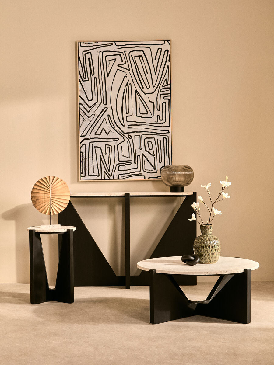 Cream Travertine Top Console Table with Black Acacia Wood Frame | Winton