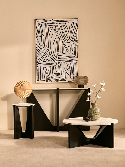 Cream Travertine Top Console Table with Black Acacia Wood Frame | Winton