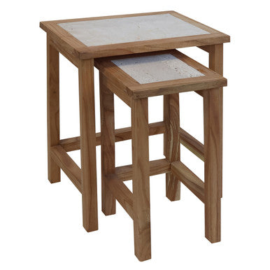 Womad Small Set Of 2 Wooden Side Tables With Travertine Tops