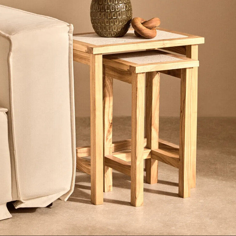 Set of 2 Cream Travertine Top Small Nesting Console Tables with Natural Acacia Wood Frames | Womad