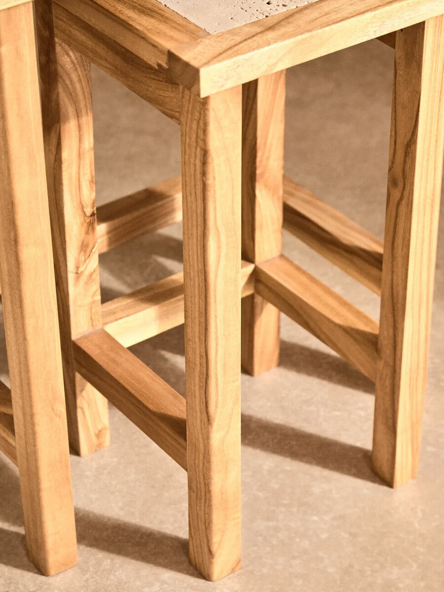 Set of 2 Cream Travertine Top Small Nesting Console Tables with Natural Acacia Wood Frames | Womad