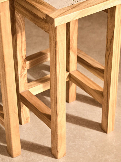 Set of 2 Cream Travertine Top Small Nesting Console Tables with Natural Acacia Wood Frames | Womad