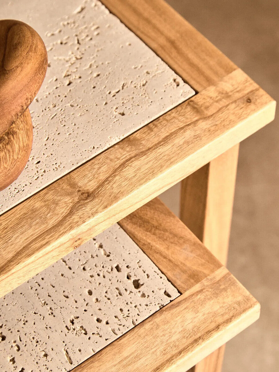 Set of 2 Cream Travertine Top Small Nesting Console Tables with Natural Acacia Wood Frames | Womad