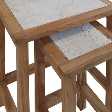 Womad Small Set Of 2 Wooden Side Tables With Travertine Tops