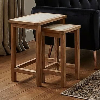 Set of 2 Cream Travertine Top Small Nesting Console Tables with Natural Acacia Wood Frames | Womad